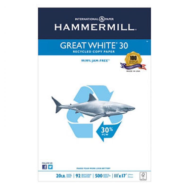 Hammermill - Great White 30% Recycled Copy Paper, 20lb, 92 Bright, 11 X 17" - Ream