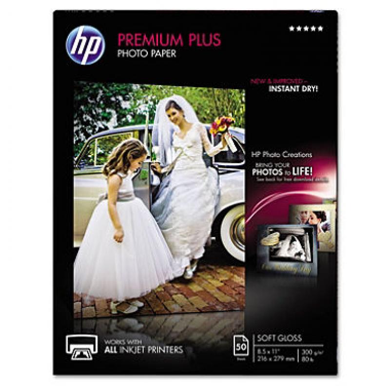 HP Premium Plus Photo Paper, 80 lbs, Soft-Gloss, 8 1/2 x 11, 50 Sheets/Pack