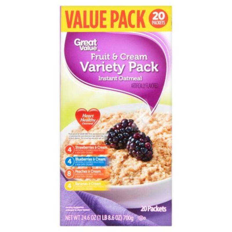 Great Value Fruit & Cream Variety Pack Instant Oatmeal, 20 count, 24.6 oz