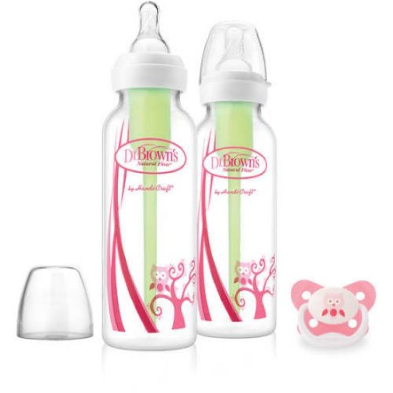 Dr. Brown's Options Baby Bottles and Pacifier Set, 8 Ounce, Pink Owl, 2 Count
