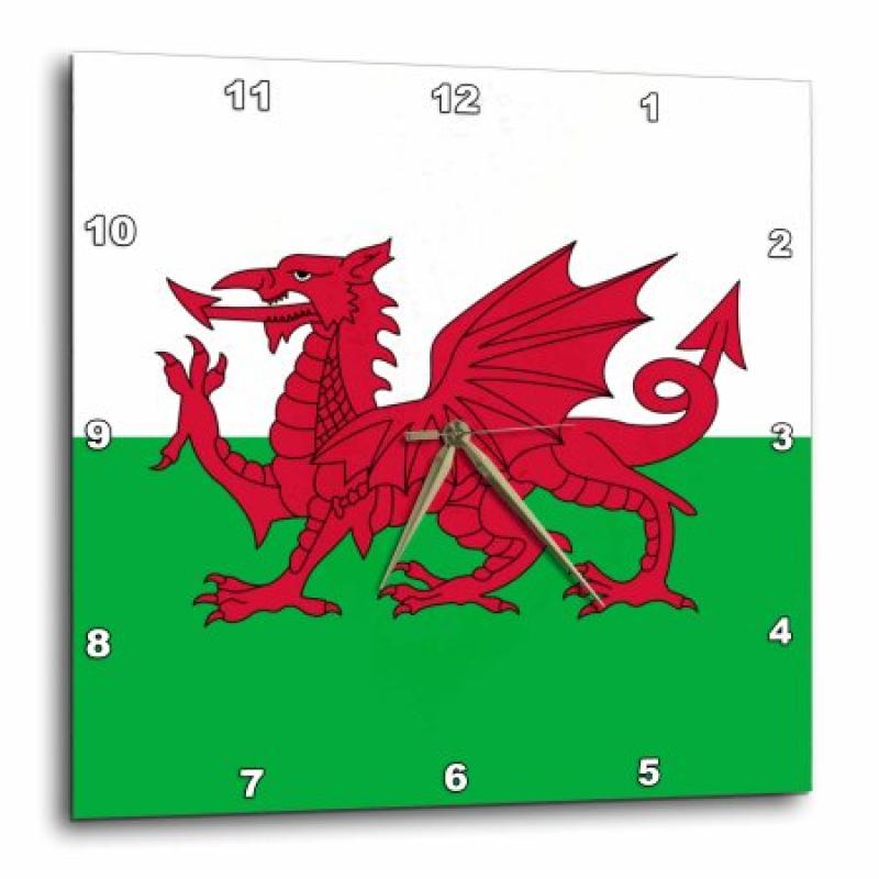 3dRose Flag of Wales - Welsh red dragon on white and green - Y Ddraig Goch UK United Kingdom Great Britain, Wall Clock, 13 by 13-inch
