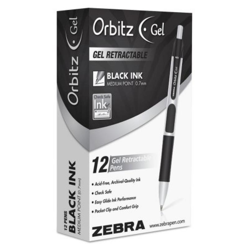 Zebra Orbitz Retractable Gel Pen, Medium, Black Ink, 0.7mm, Dozen