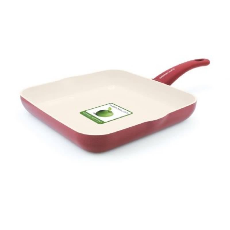GreenLife Healthy Ceramic Non-Stick 10" Square Griddle with 2 Spouts, Red