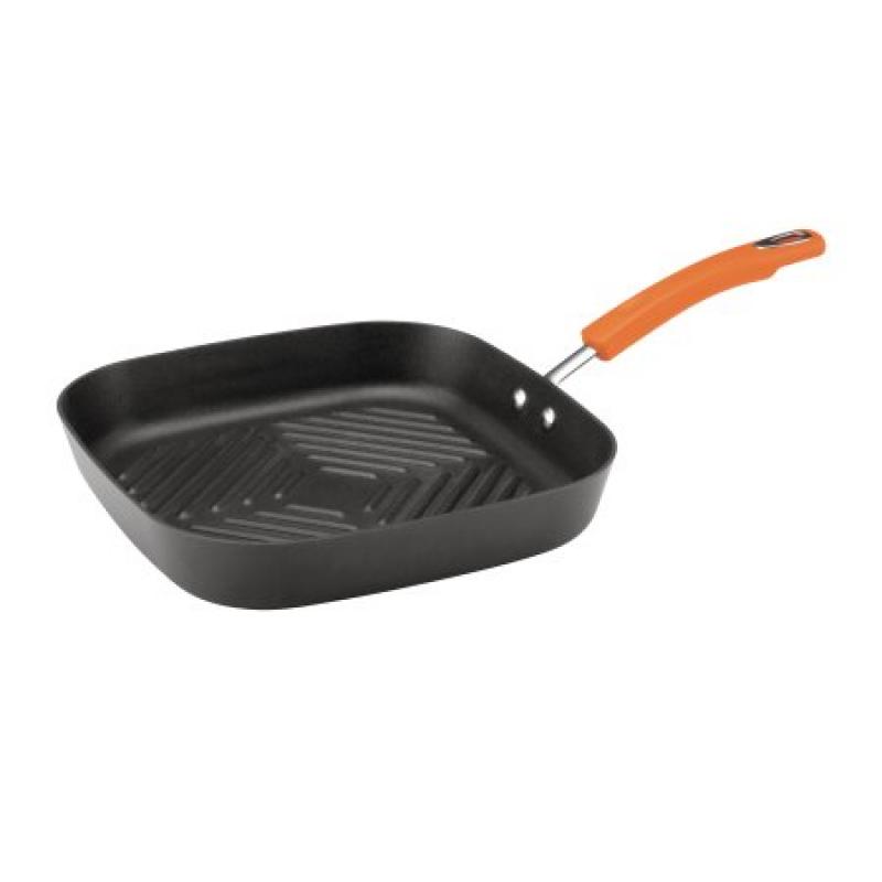 Rachael Ray Hard-Anodized Nonstick 11-Inch Deep Square Grill Pan, Gray with Orange Handle