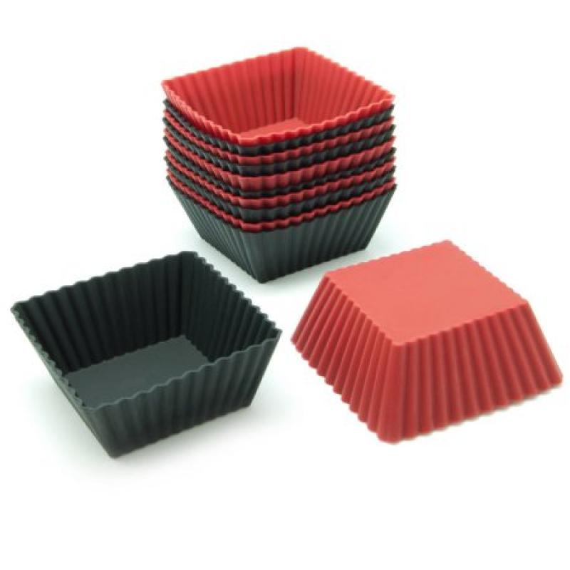 Freshware 12-Pack Square Reusable Silicone Baking Cup, Black and Red, CB-306RB