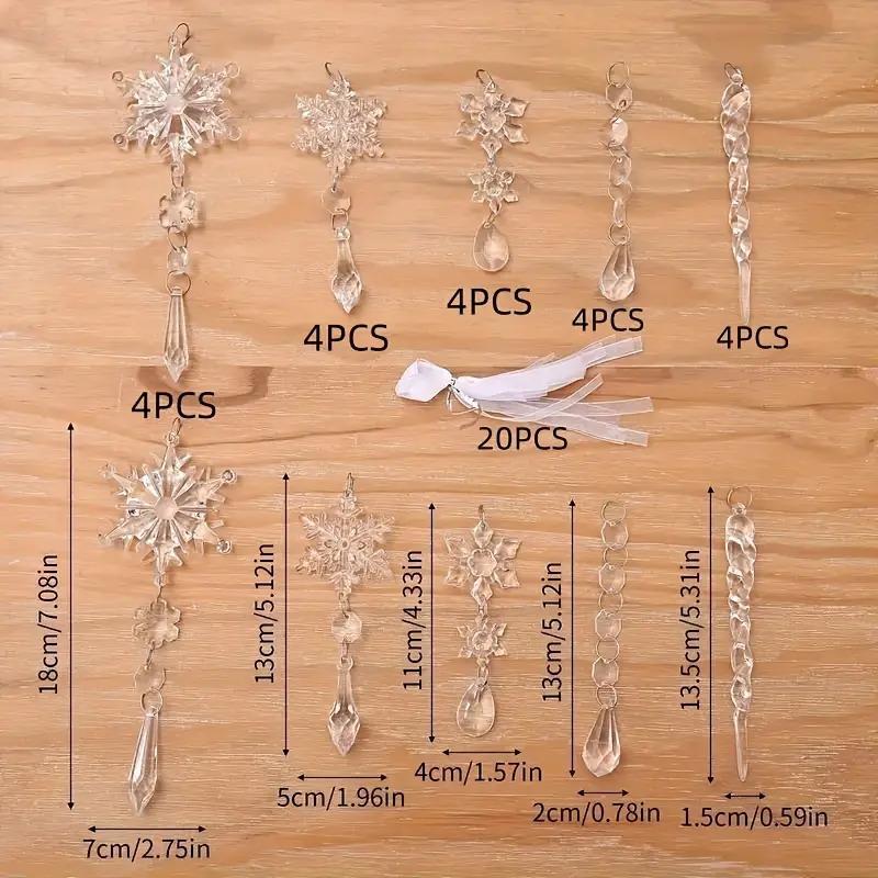 20 PCS Acrylic Crystal Christmas Ornament Set: Festive Snowflake, Ice Bar, and Teardrop Decorations for Your Christmas Tree