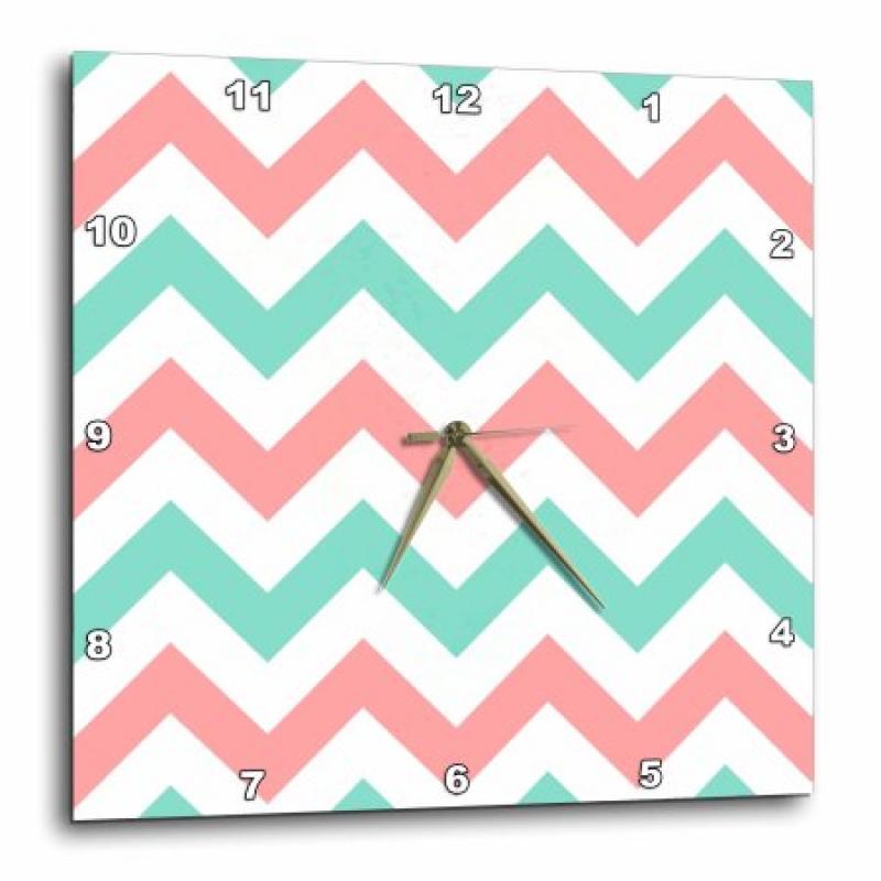 3dRose Coral pink and Turquoise Chevron zig zag pattern - teal zigzag stripes, Wall Clock, 10 by 10-inch