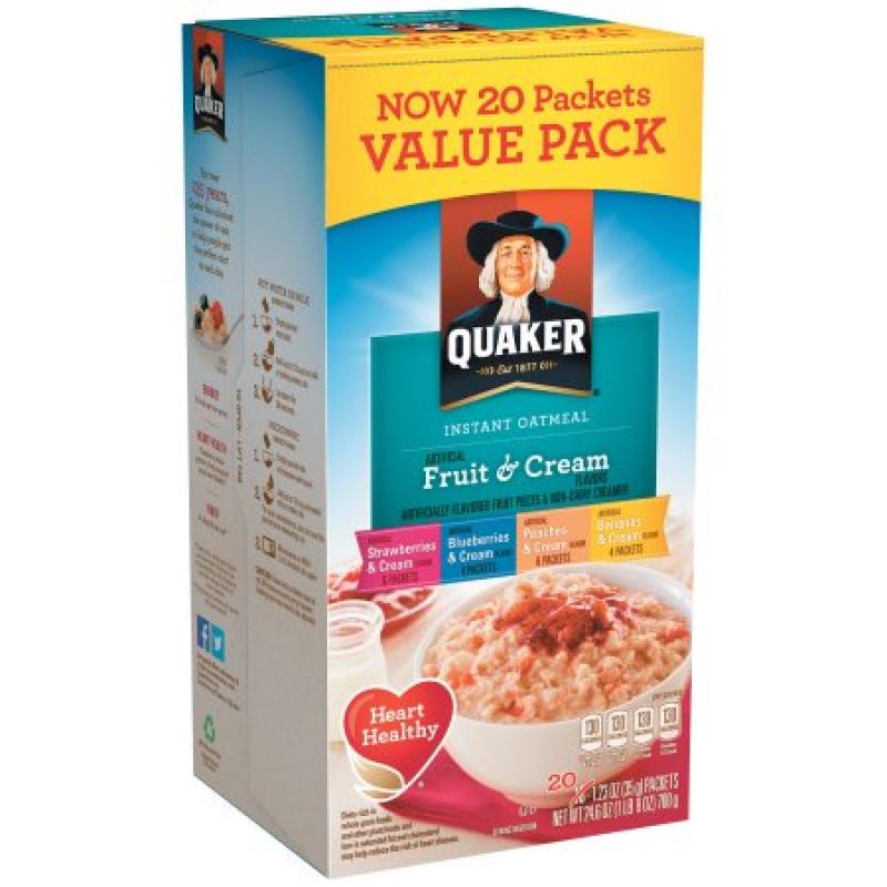 Quaker Fruit & Cream Instant Oatmeal Variety Pack, 1.23 Oz, 20 Ct