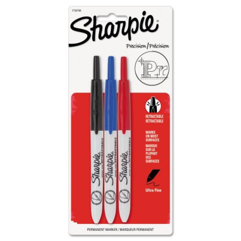 Sharpie Retractable Ultra Fine Tip Permanent Marker, Black, Blue, Red, 3pk
