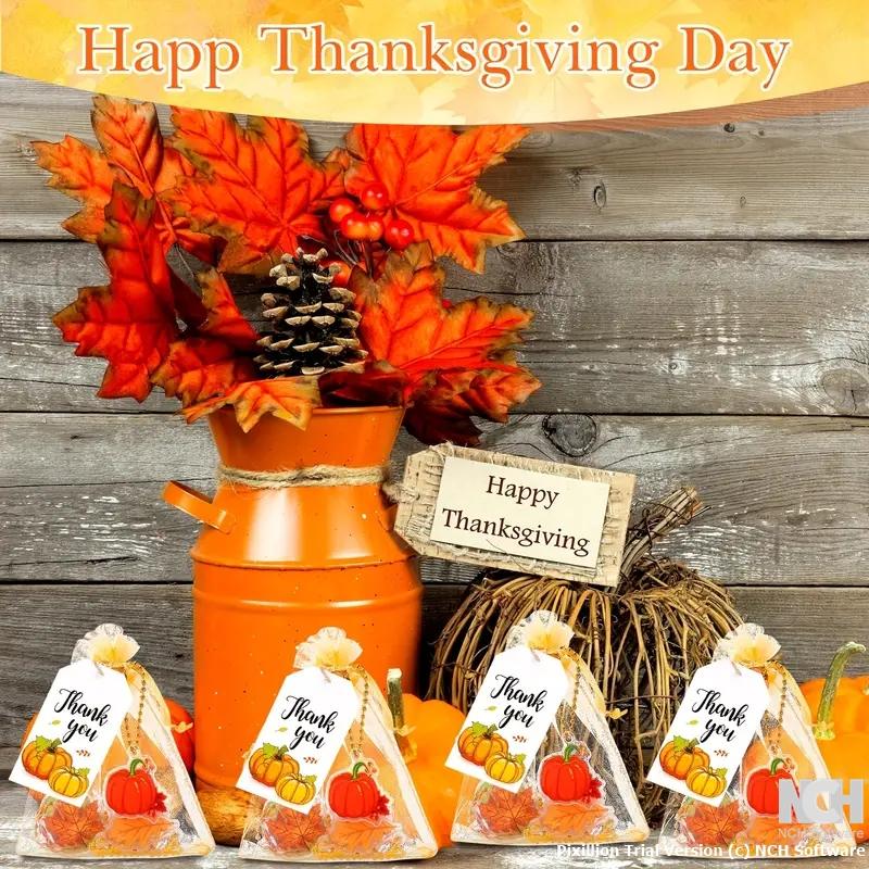 30pcs Fall Party Favor Set - Includes 10 Pumpkin & Maple Leaf Keychains, 10 Organza Bags, and 10 Thank You Tags for Thanksgiving, Halloween, Birthday Celebrations