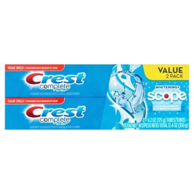 Crest Complete Whitening + Scope Cool Peppermint Flavor Toothpaste, 6.2 oz, (Pack of 2)