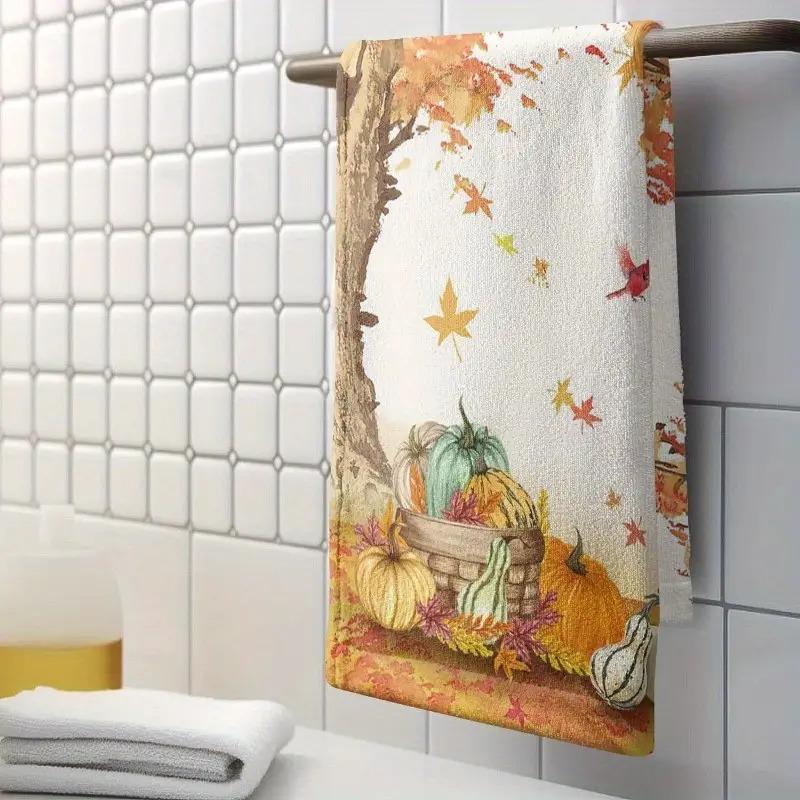 Set of 2 Autumn Maple Leaf & Pumpkin Hand Towels - Soft, Absorbent Polyester Kitchen and Bathroom Towels for Thanksgiving Decor, Machine Washable, 18x26 Inches