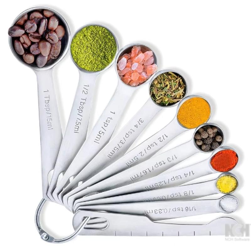 Stainless Steel Measuring Spoons Cups Set Small Tablespoon with Bonus Leveler Etched Markings Removable Clasp Kitchen Gadgets