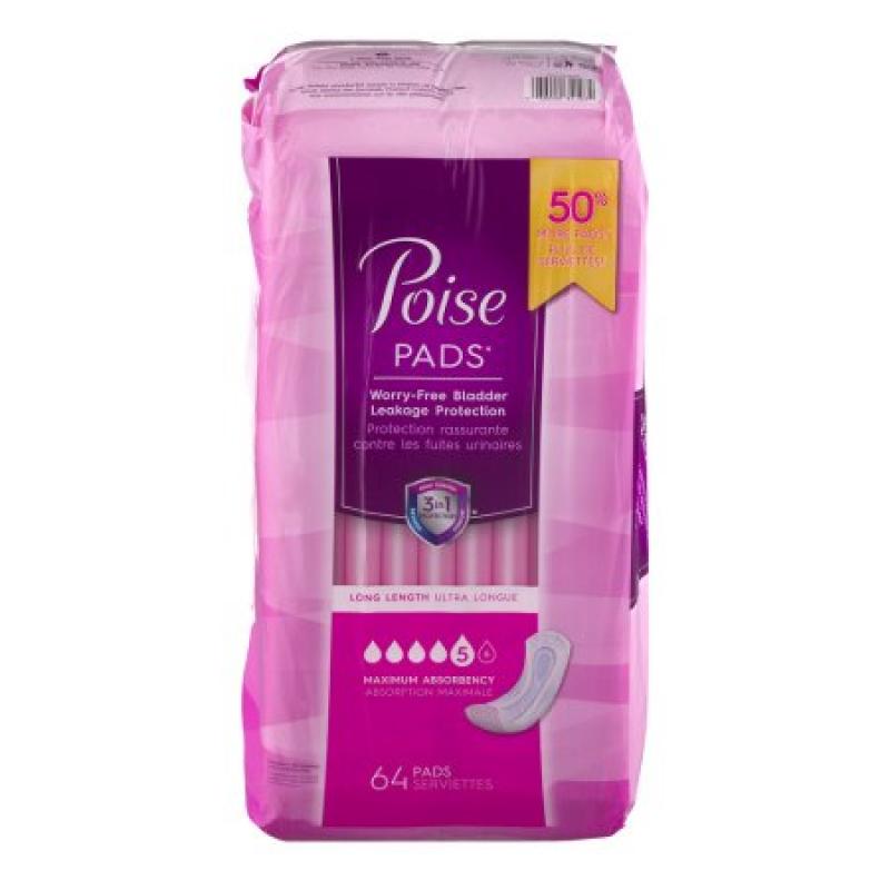 Poise Pads Long Length Maximum Absorbency - 64 CT