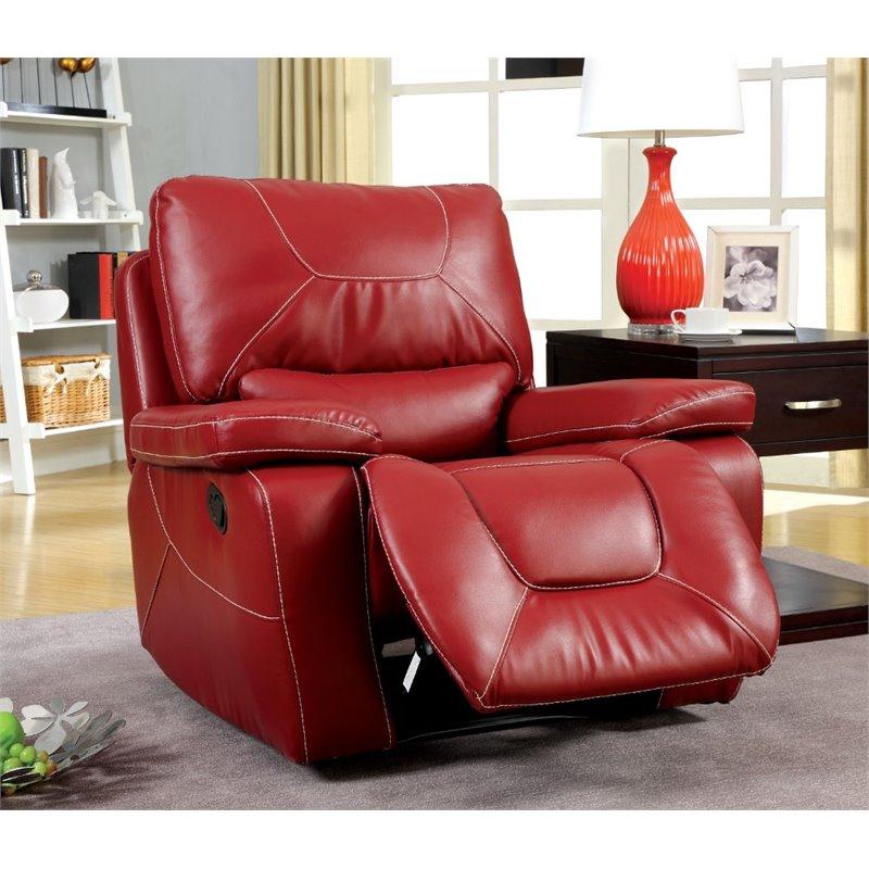 Furniture of America Huskan Leather Glider Recliner in Red
