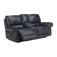 Ashley Milhaven Double Power Reclining Faux Leather Loveseat in Navy