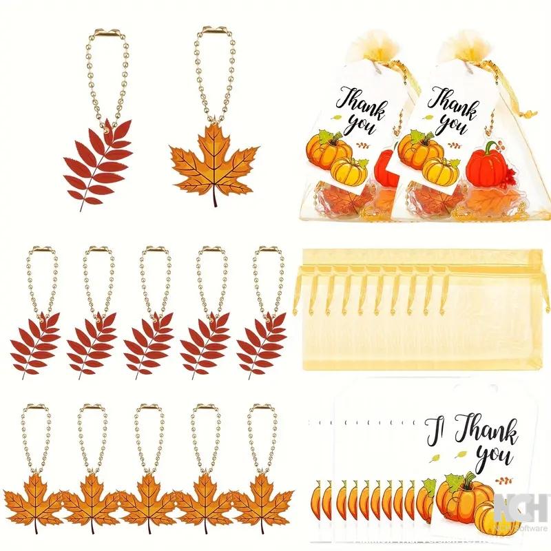 30pcs Fall Party Favor Set - Includes 10 Pumpkin & Maple Leaf Keychains, 10 Organza Bags, and 10 Thank You Tags for Thanksgiving, Halloween, Birthday Celebrations