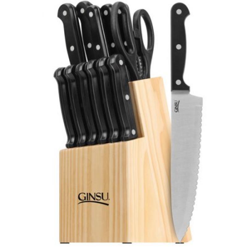 Ginsu Essential Series 14-Piece Black Cutlery Set with Natural Block