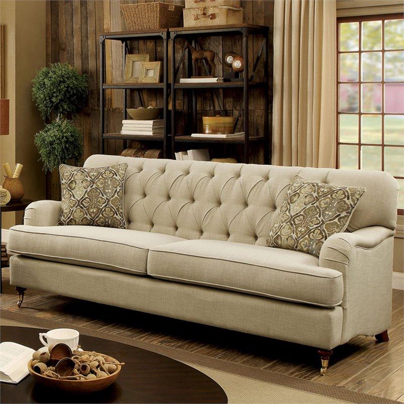 Furniture of America Traditional Classic Beige Sofa Loveseat And Chair 3pc Sofa Set Tufted English Arms Unique Legs Solid Wood Living Room