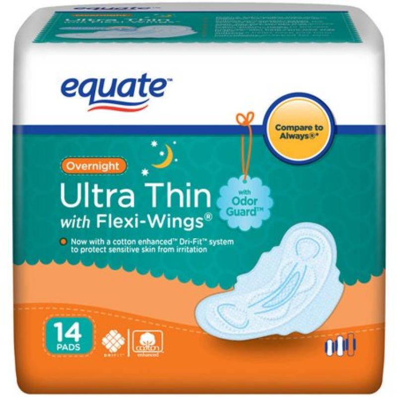 Equate Overnight Ultra Thin Pads with Flexi-Wings, 14 count