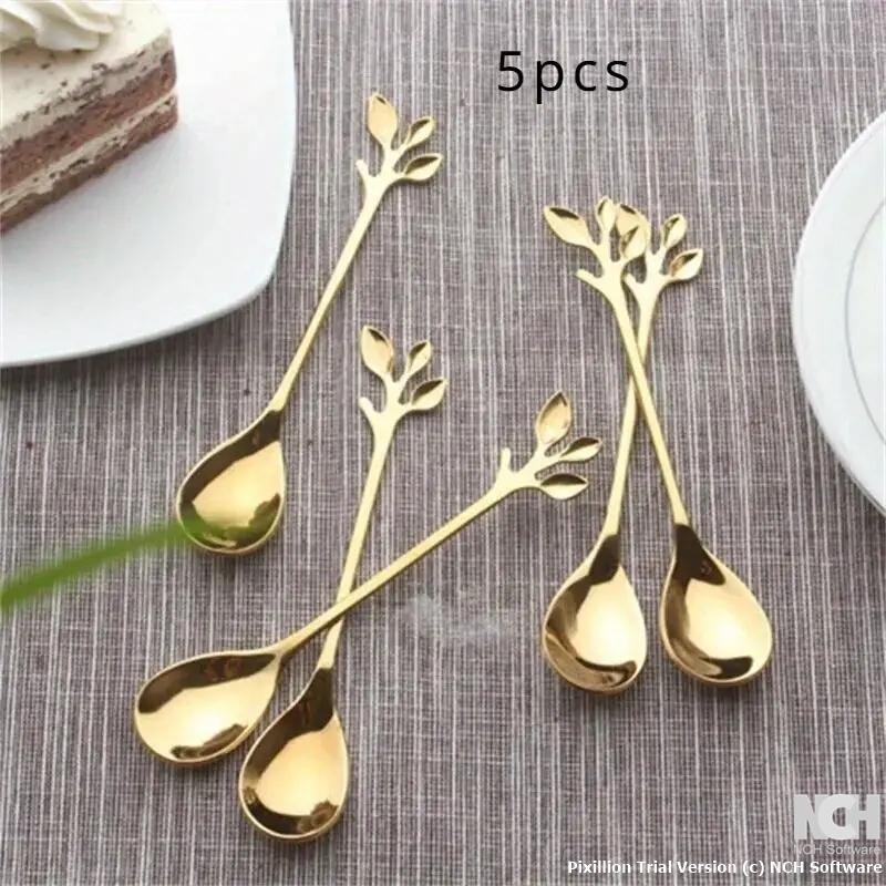 5-Piece Golden Stainless Steel Tree Leaf Spoon Set for Coffee, Tea, and Dessert - Elegant Home and Restaurant Cutlery