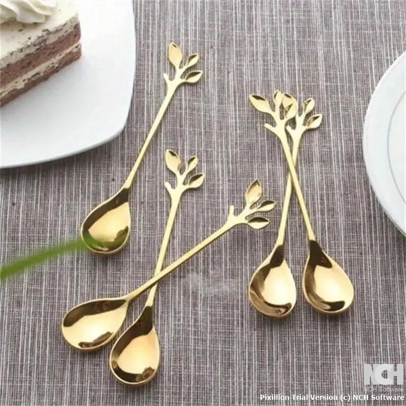 5-Piece Golden Stainless Steel Tree Leaf Spoon Set for Coffee, Tea, and Dessert - Elegant Home and Restaurant Cutlery