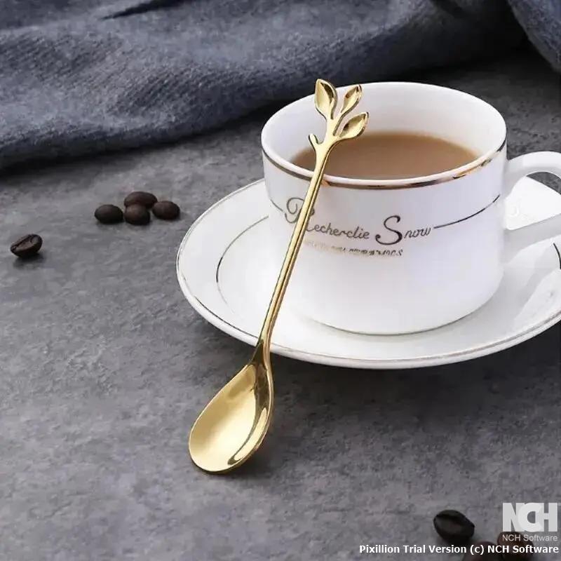 5-Piece Golden Stainless Steel Tree Leaf Spoon Set for Coffee, Tea, and Dessert - Elegant Home and Restaurant Cutlery