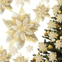 15PCS Vibrant Glitter Poinsettia Flower Clips - Easy-to-Use, No-Electricity-Required, Featherless, Durable Plastic Decorations for Spring and Winter Holidays, Perfect Garland and Wreath Embellishments with Long-Lasting Sparkle