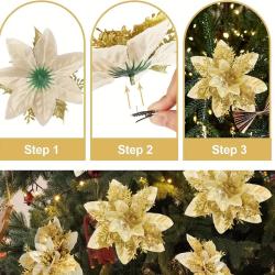 15PCS Vibrant Glitter Poinsettia Flower Clips - Easy-to-Use, No-Electricity-Required, Featherless, Durable Plastic Decorations for Spring and Winter Holidays, Perfect Garland and Wreath Embellishments with Long-Lasting Sparkle