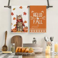 2pcs Ultra-Soft Polyester Kitchen Towels - Cat Scarf & Pumpkin Design, Perfect for Thanksgiving Decor, 16x24 Inch, Machine Washable