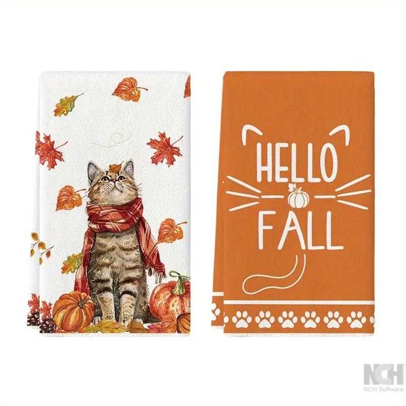 2pcs Ultra-Soft Polyester Kitchen Towels - Cat Scarf & Pumpkin Design, Perfect for Thanksgiving Decor, 16x24 Inch, Machine Washable