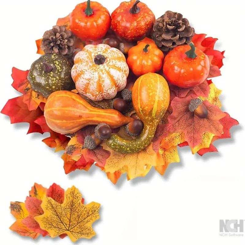 50 Pcs Fall Thanksgiving Halloween Decorations Party Favors, Mini Artificial Pumpkins, Pine Cones, Fall Leaves, Acorns for Fall Party Decorations, Autumn Decorating Kit Halloween