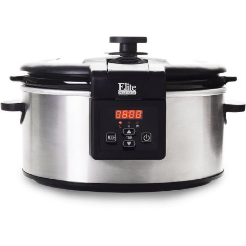 Elite Platinum MST-6013D 6 qt Programmable Slow Cooker with Locking Lid, Stainless Steel