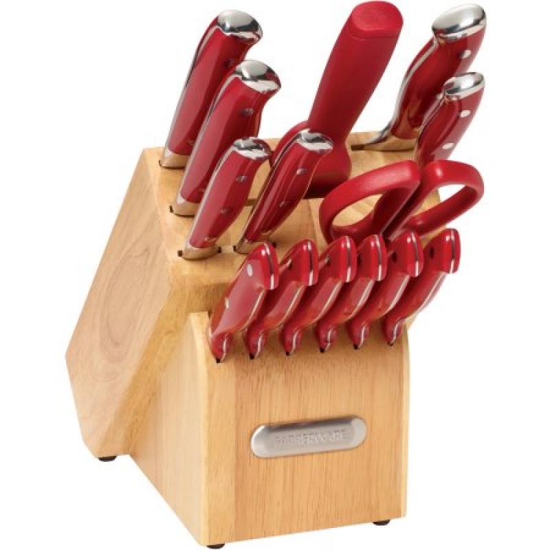 Farberware 15-Piece Forged Triple Riveted Cutlery Set, Red with EZ Angle Sharpening Steel