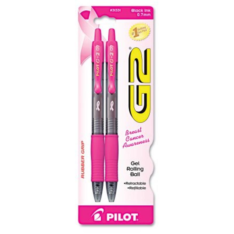 Pilot G2 Pink Ribbon Roller Ball Retractable Gel Pen, Black Ink, Fine, 2 per Pack