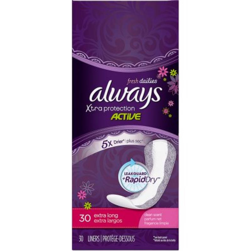 Always Xtra Protection Active Extra Long Dailies, Fresh Scented Pantiliners, 30 count