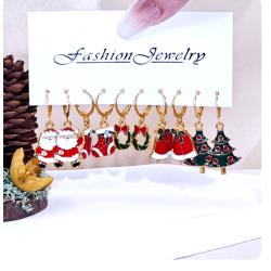 10/20/40pcs New Christmas Set Cross border Hot Selling Cartoon Dripping Oil Elk Santa Claus Christmas Tree Earrings for Women