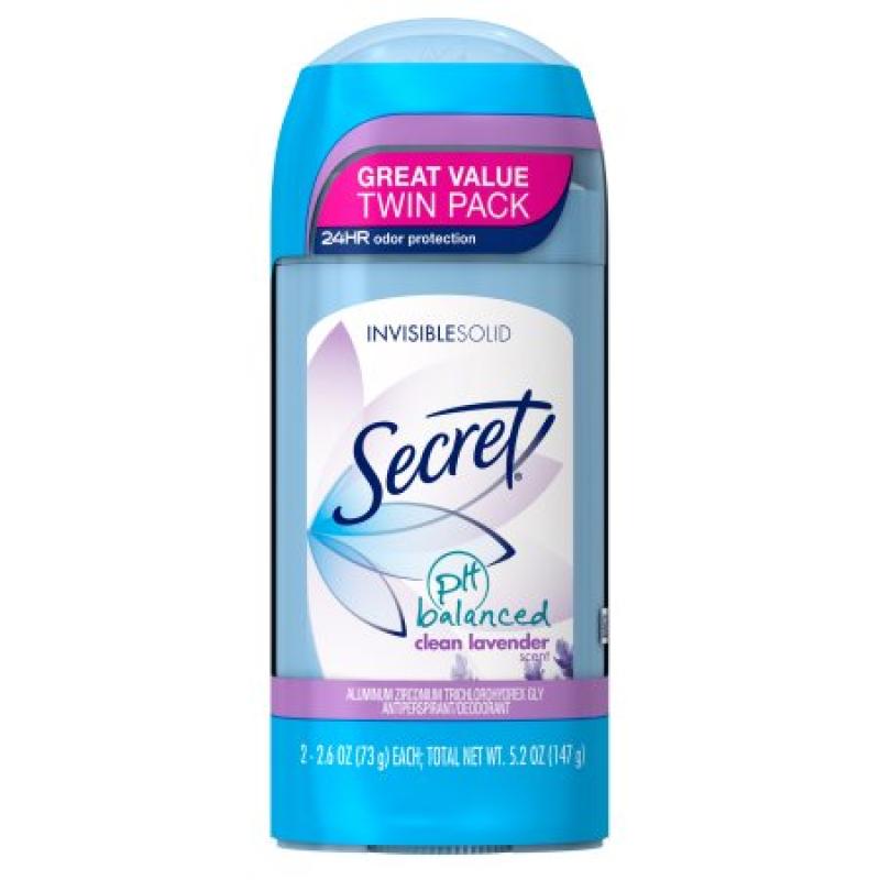 Secret pH Balanced Clean Lavender Invisible Solid Antiperspirant & Deodorant, 2.6 oz, 2 count