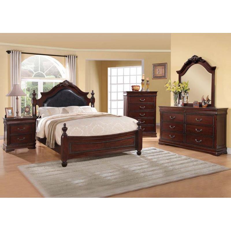Acme Gwyneth Queen Traditional Poster Bed with Black PU Upholstered Headboard in Cherry 21880Q