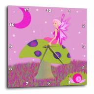 3dRose Cute Fairy Princess Girl on Toadstool with Snail Pink, Wall Clock, 13 by 13-inch