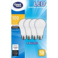 Great Value LED Light Bulbs 14 W (100W Equivalent), Daylight, 4-Pack