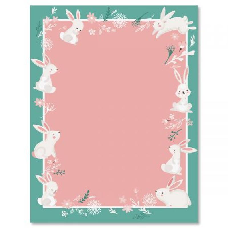 Spring Bunnies Easter Letter Papers - Set of 25 spring stationery papers are 8 1/2" x 11", compatible computer paper, spring letterhead sheets great for Easter Flyers, Invitations, or Letters