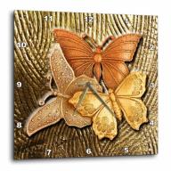 3dRose Gold Embossed background with accents and three beautiful butterflies in golds, yellows and copper., Wall Clock, 10 by 10-inch