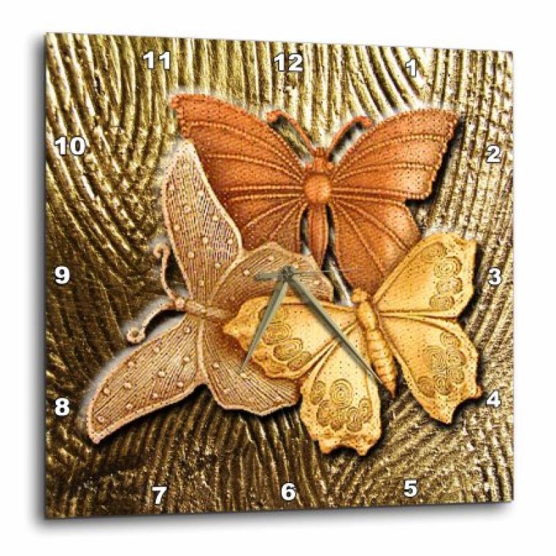 3dRose Gold Embossed background with accents and three beautiful butterflies in golds, yellows and copper., Wall Clock, 10 by 10-inch