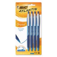 BIC Atlantis Retractable Ball Pen, Medium, Blue, 4-Pack