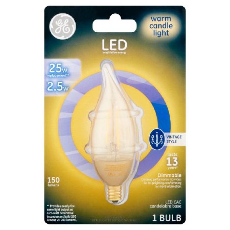 GE LED 2.5W 150 Lumens Warm Candle Light CAC Bulb