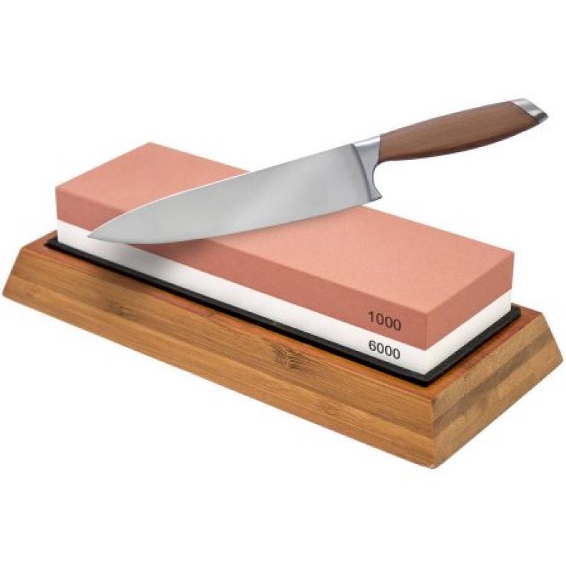 Double-Sided Knife Sharpening Stone, 1000/6000 Grit with Non-Slip Bamboo Base
