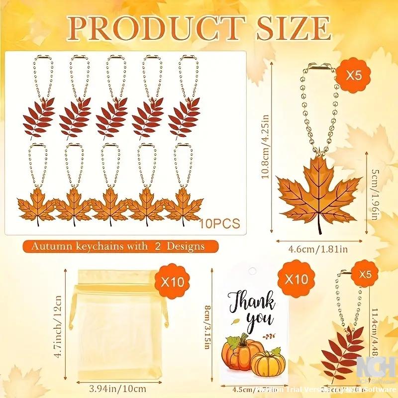 30pcs Fall Party Favor Set - Includes 10 Pumpkin & Maple Leaf Keychains, 10 Organza Bags, and 10 Thank You Tags for Thanksgiving, Halloween, Birthday Celebrations