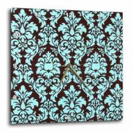 3dRose Turquoise On Brown Damask, Wall Clock, 15 by 15-inch