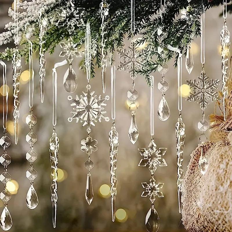 20 PCS Acrylic Crystal Christmas Ornament Set: Festive Snowflake, Ice Bar, and Teardrop Decorations for Your Christmas Tree